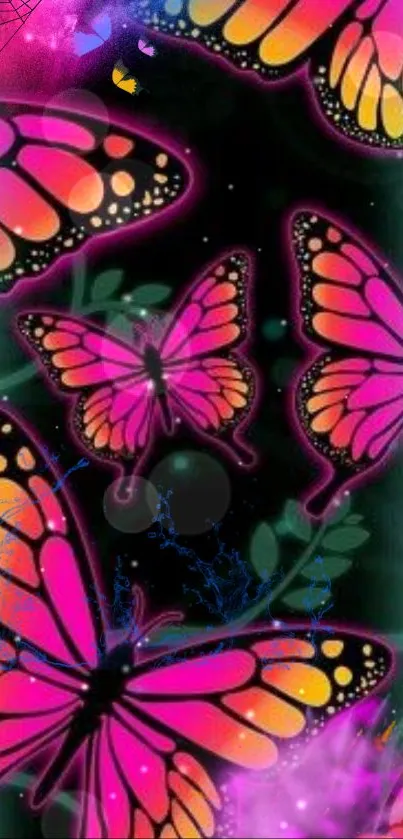 Vibrant neon pink butterfly wallpaper with dark background.