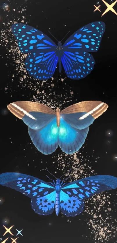 Vibrant blue and brown butterflies on black background.