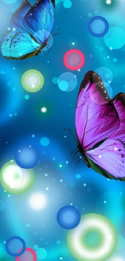 Vivid mobile wallpaper with blue and purple butterflies.