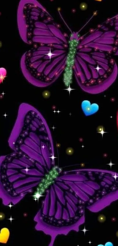 Vibrant butterflies and colorful hearts wallpaper on a black background.