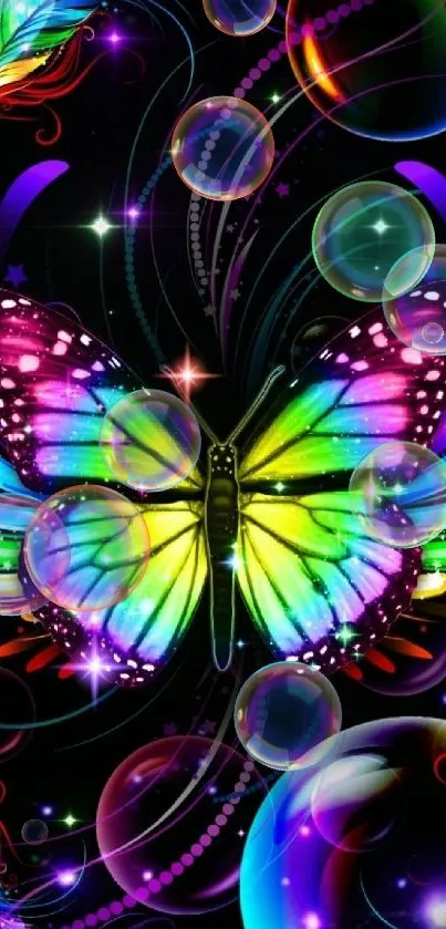 Vibrant butterfly with rainbow colors on black background.