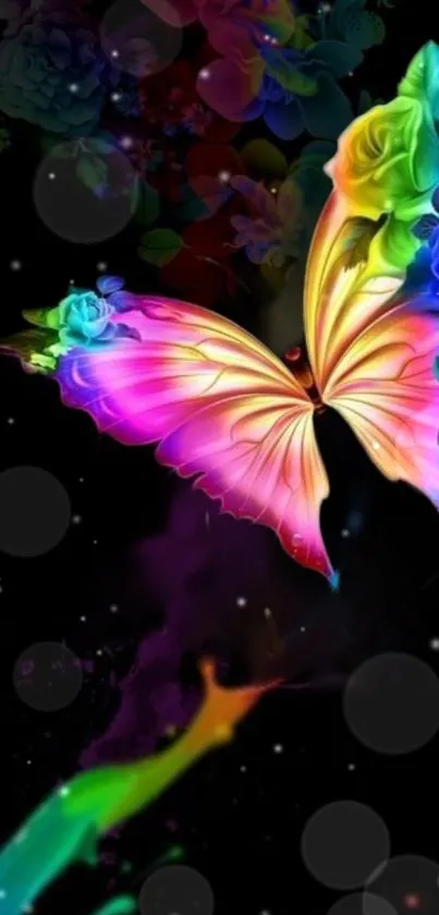 Vibrant butterfly with colorful wings on a dark floral background.