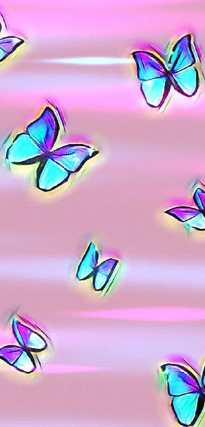 Pink wallpaper with artistic blue butterflies.