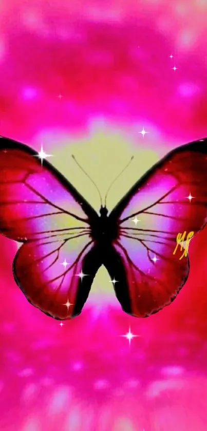 Vibrant pink butterfly with sparkles on a bright background.