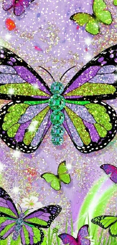 Colorful butterflies with sparkling wings on a purple background.