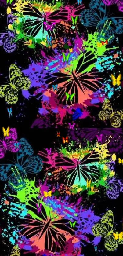 Vibrant butterfly wallpaper with colorful splashes and patterns.