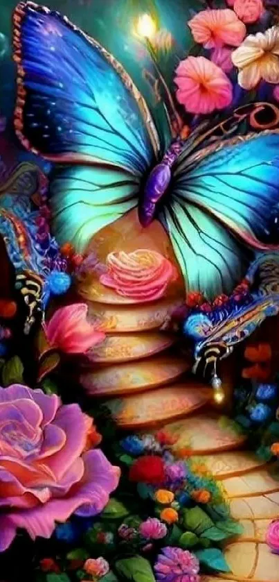 Mobile wallpaper with vibrant butterfly and colorful flowers in a fantasy setting.