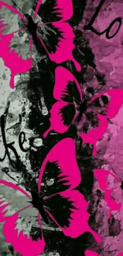 Vibrant hot pink butterflies on textured dark background.