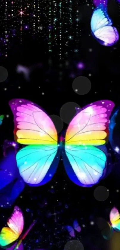 Vibrant neon butterfly against a starlit black background with colorful wings.