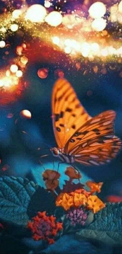 Colorful butterfly on leaves with dreamy light effects.