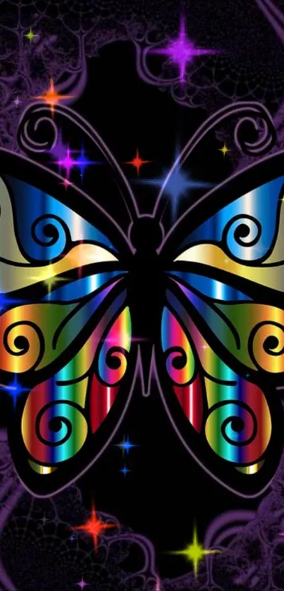 Colorful butterfly with abstract neon hues on a dark background.