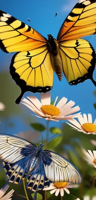 Colorful butterflies fluttering over daisies in a vibrant floral scene.