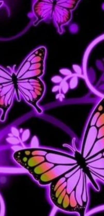 Vivid purple and pink butterfly wallpaper with floral designs.