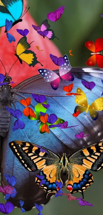 Vibrant blue butterfly surrounded by colorful butterflies on a flower.