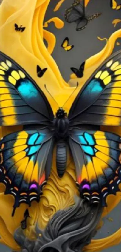 A vibrant, colorful butterfly amid a swirling yellow and abstract background.