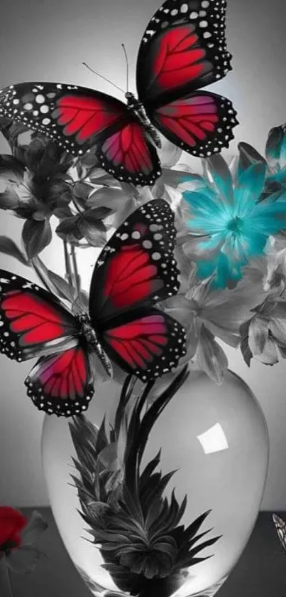 Vivid red butterflies with teal flowers in a grayscale vase setting.