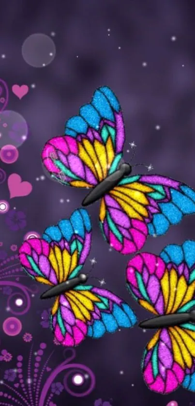 Vibrant butterflies on a purple background with floral accents.