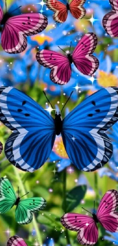 Colorful butterflies and flowers wallpaper with vibrant blue and pink hues.