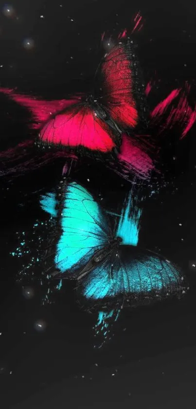 Vibrant red and blue butterflies on a black background.