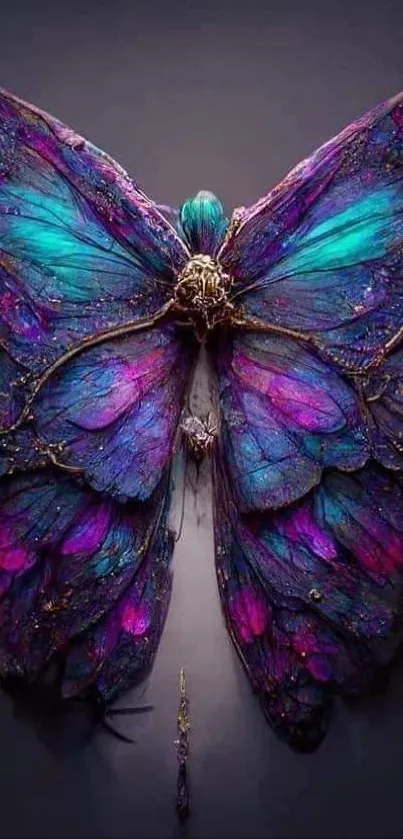 Artistic butterfly in purple and teal hues on dark background.