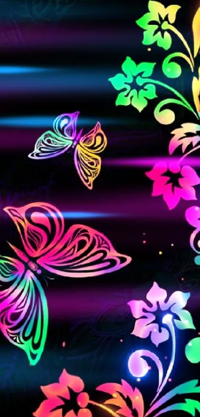 Colorful butterfly and floral art on a black background for mobile wallpaper.