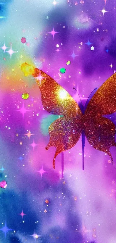 Colorful sparkling butterfly on a vibrant watercolor background.