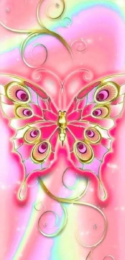 Vibrant pink butterfly with pastel background.