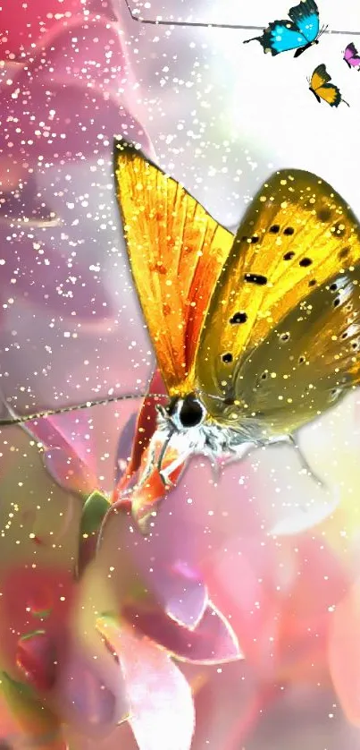 Butterfly with golden wings and colorful background.