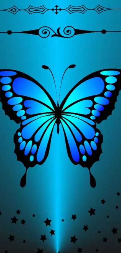 Vibrant blue butterfly wallpaper with stars and decorative patterns.