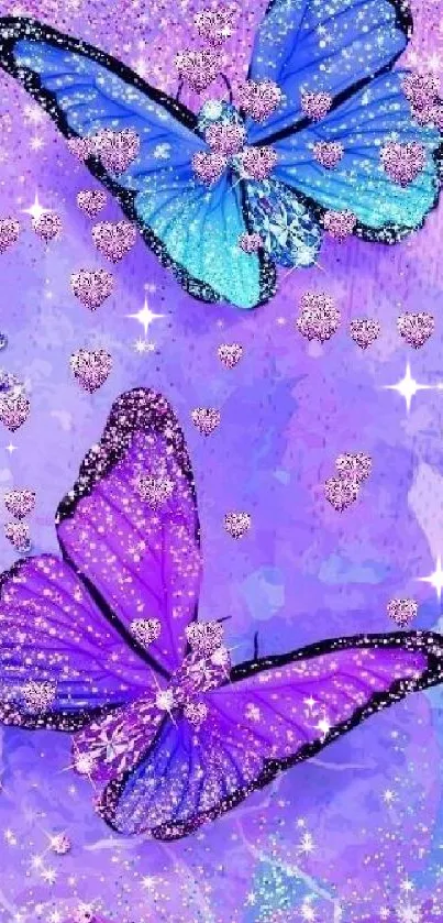 Blue and purple butterflies with glitter on a vibrant wallpaper background.