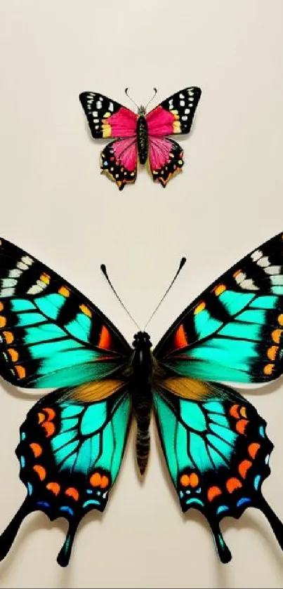 Vibrant butterfly wallpaper with turquoise and pink wings on a cream background.