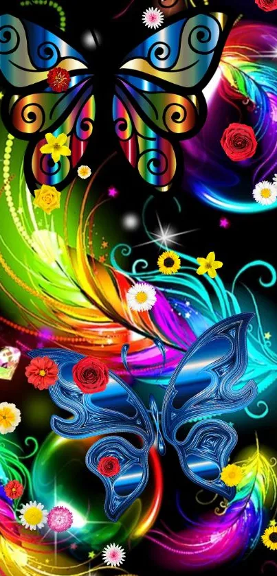 Vibrant butterfly wallpaper with colorful swirls and flowers.