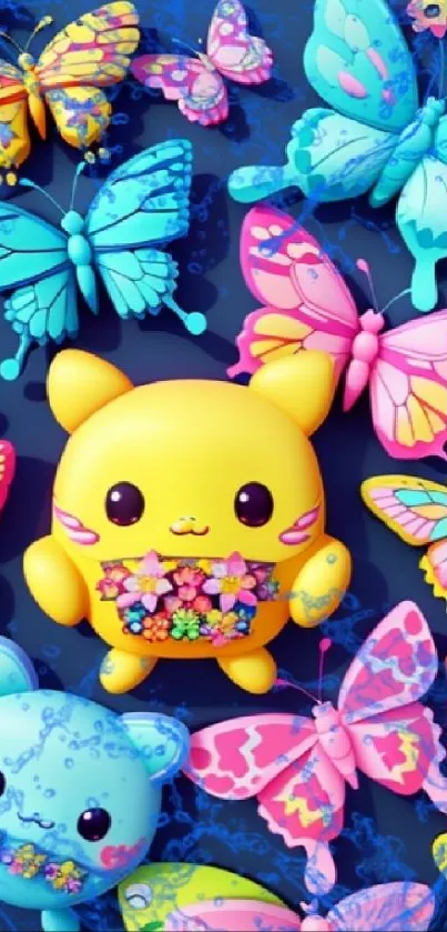 Bright mobile wallpaper with colorful butterflies and cute characters.