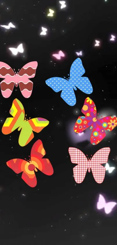 Colorful butterflies on a dark background mobile wallpaper.