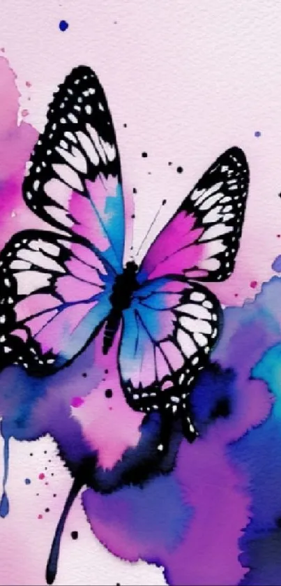 Vibrant watercolor butterfly on purple background.