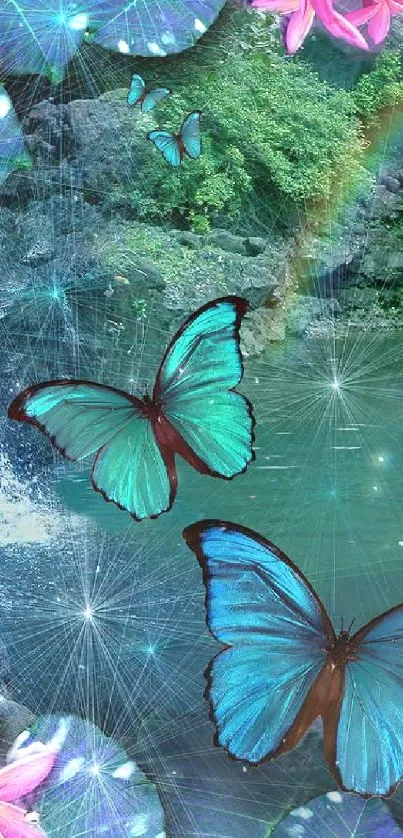 Blue-green butterflies with waterfall and foliage background.