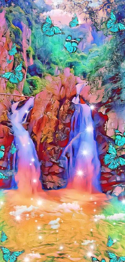 Colorful waterfall with butterflies art wallpaper.