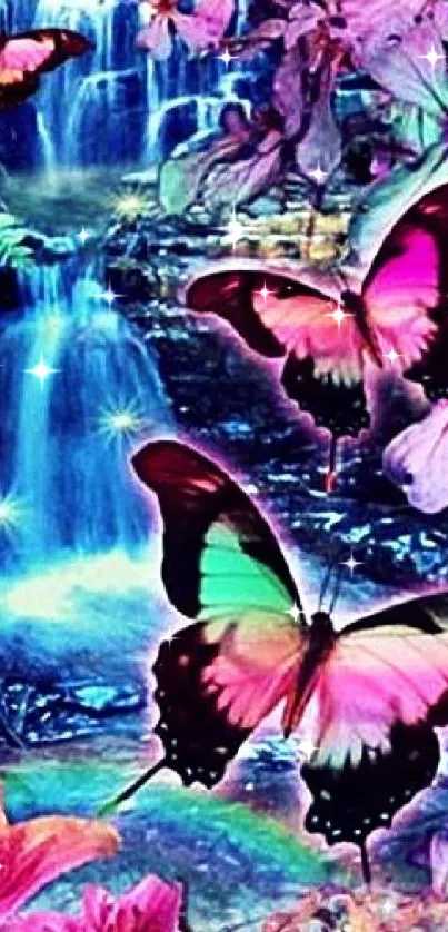 Butterflies flutter around a mystical waterfall, set against a vibrant floral backdrop.