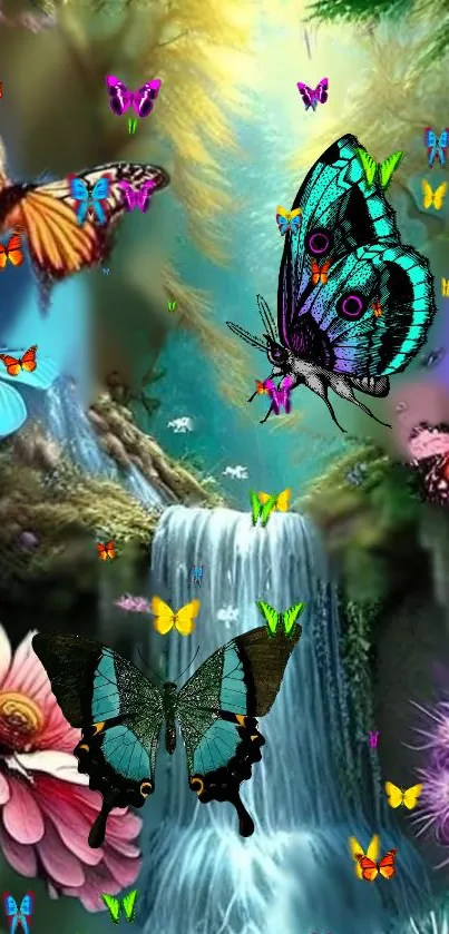 Colorful butterflies around a waterfall in a lush, vibrant setting.
