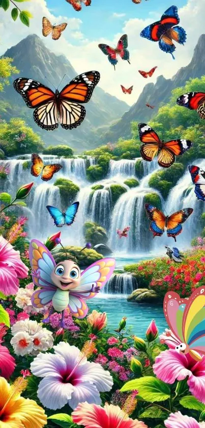 Butterflies fluttering above a lush waterfall surrounded by vibrant flowers.