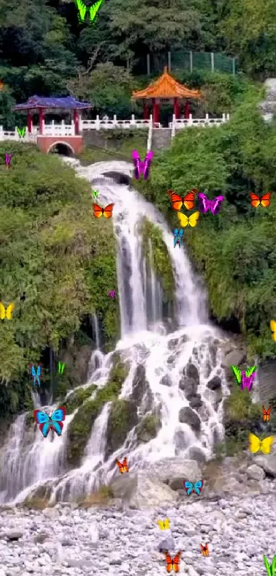 Vibrant waterfall with butterflies in lush greenery scene.