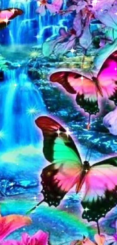 Colorful butterflies and waterfall with floral background in vibrant hues.