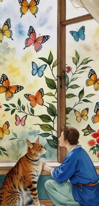 Colorful butterflies by window with a cat.