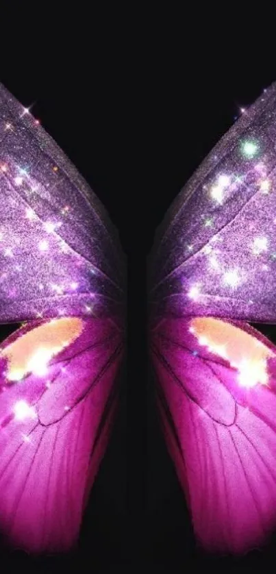 Magical purple and pink butterfly wings with sparkles on a dark background.