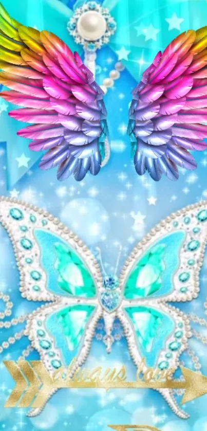 Vibrant butterfly and angel wings on pastel blue background.