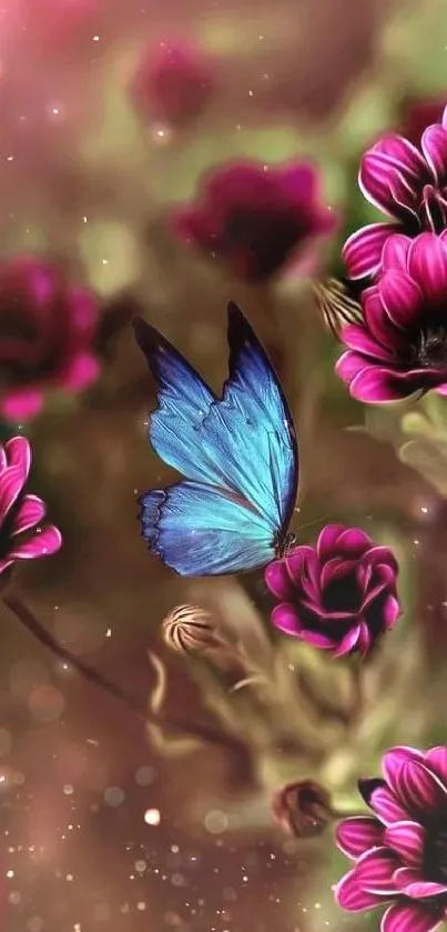 Blue butterfly with vibrant pink flowers wallpaper.