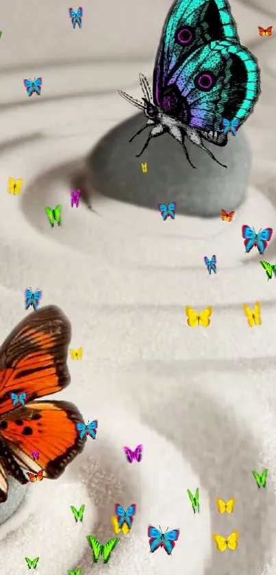 Vibrant butterflies hover above Zen garden stones.