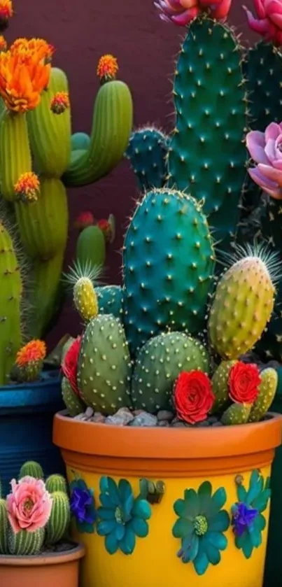 Colorful cacti and flowers in pots.