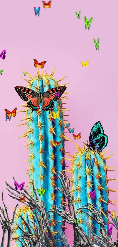 Vibrant cacti with butterflies on pastel background.