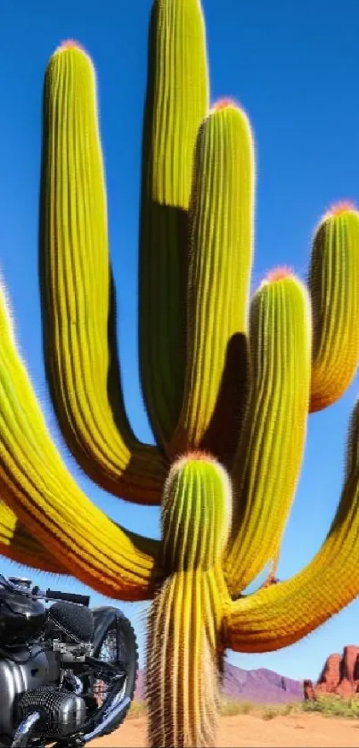 Vibrant cactus with motorcycle engine in desert landscape.